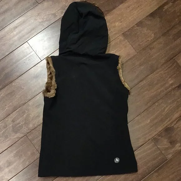 Marmot Black Soft Shell Vest With Faux Fur Hood Women's SIZE SMALL - Picture 2 of 6